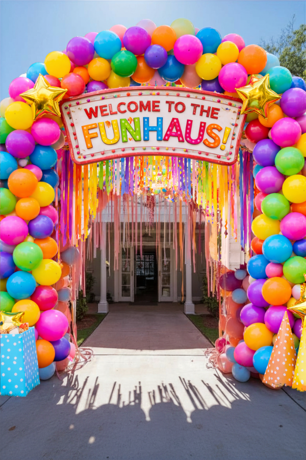 Colorful balloon arch entrance with rainbow balloons, a “Welcome to the Funhaus” sign.