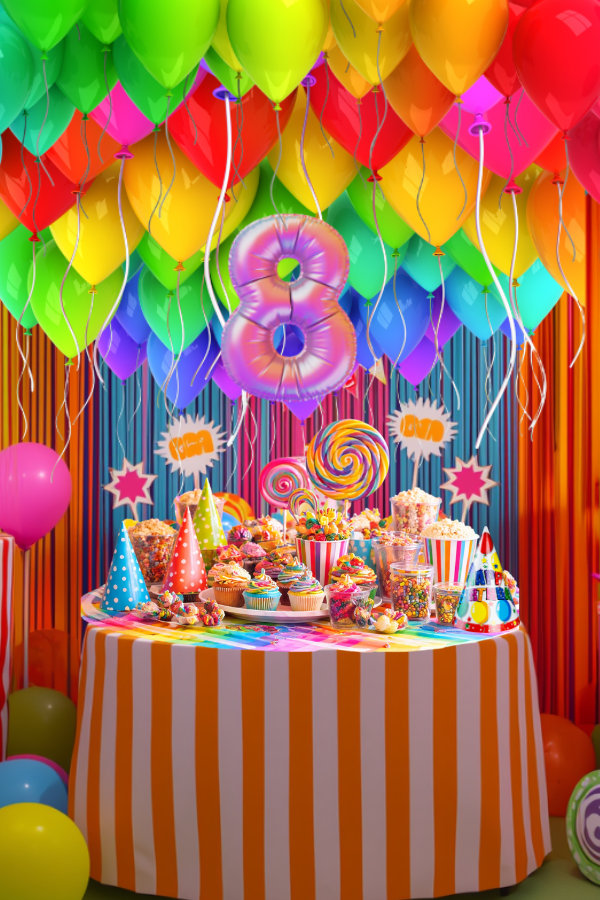 Bright funhouse party setup with colorful balloons, rainbow streamers, bold neon decorations, and vibrant carnival-inspired table décor.