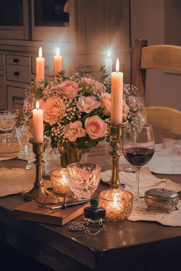 Elegant candlelit tablescape with brass candlesticks, floral centerpiece and glowing candles.