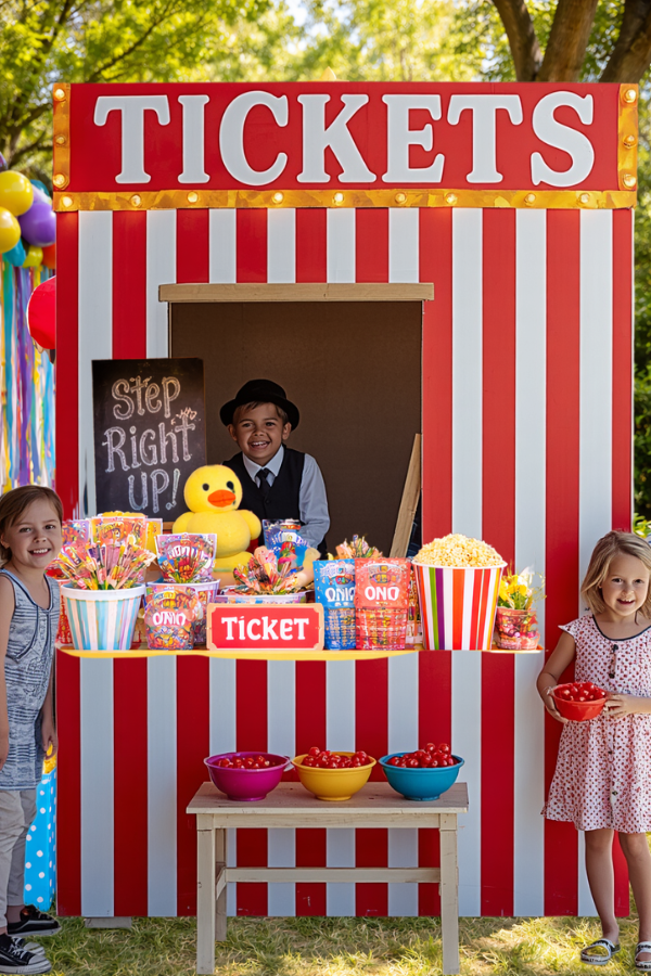Children playing at a DIY carnival ticket booth with red and white stripes outdoors.