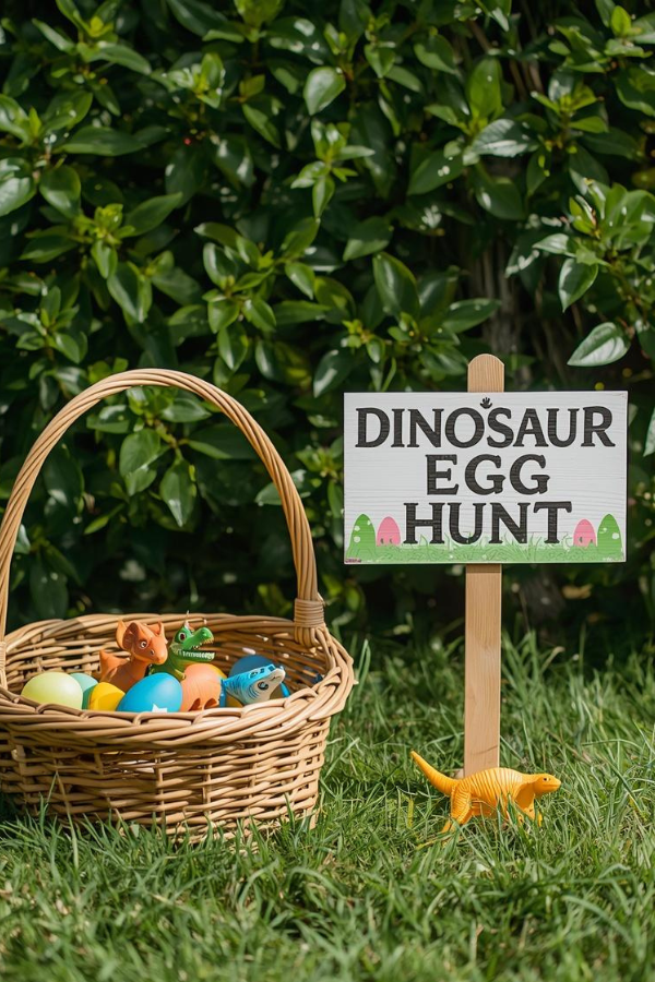 Sign reading “Dinosaur Egg Hunt” next to a basket of colorful plastic eggs and toy dinosaurs on grass.