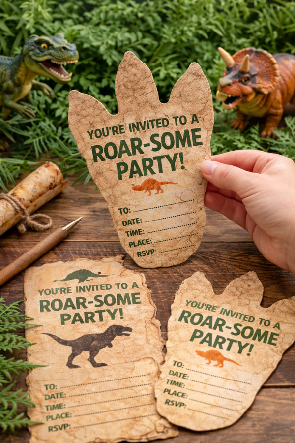 Dinosaur-themed party invitations shaped like footprints with “roar-some party” text on a rustic table.