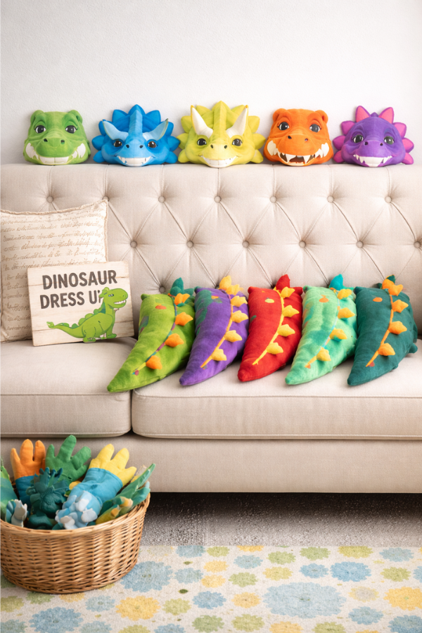 Colorful dinosaur-themed plush toys and cutouts neatly arranged on a beige sofa against a plain wall.