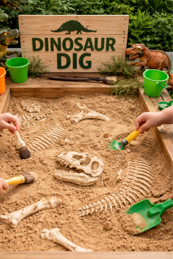 Kids digging up dinosaur bones in a sandbox using brushes and tools at a dinosaur-themed party activity.