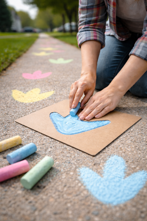 Close-up of a person using a stencil to draw colorful dinosaur footprints with chalk on a sunlit sidewalk, with a trail of pastel prints fading into the background.