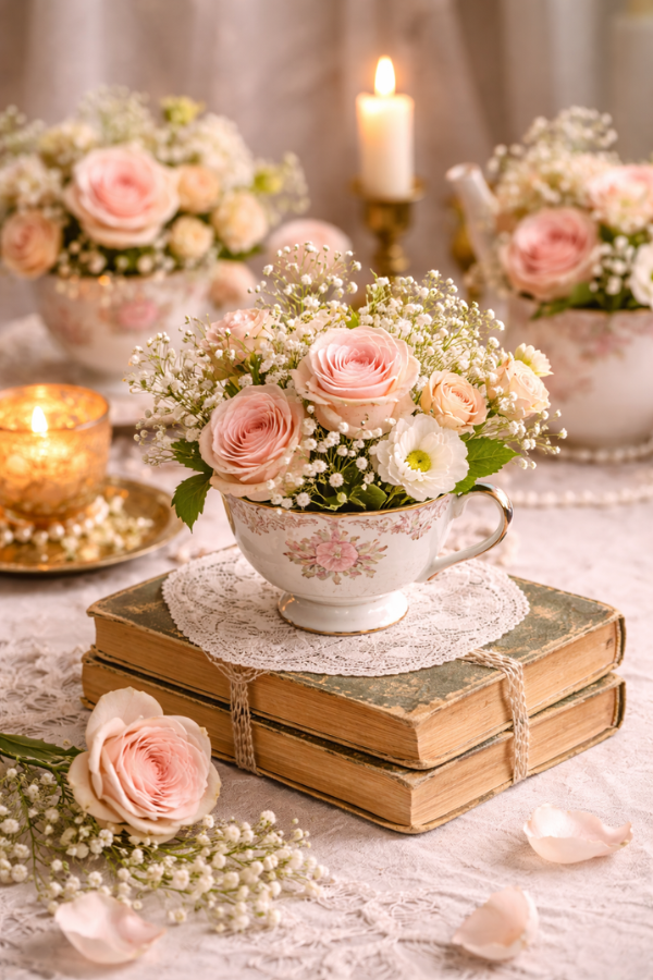 Vintage floral teacup displays filled with roses and baby’s breath arranged on stacked antique books.