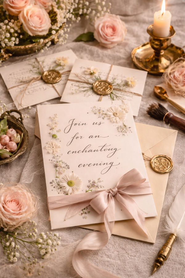 Handwritten invitation cards with floral details, wax seals, ribbon, and vintage-inspired stationery décor.