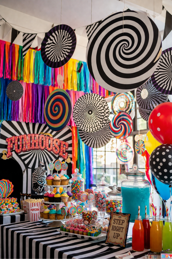 Funhouse party setup with swirly and optical illusion decorations