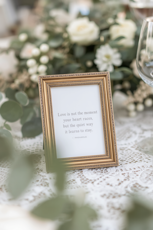 Ornate gold frame on a lace-covered table displaying a romantic quote, with soft greenery and blurred glassware in the background.