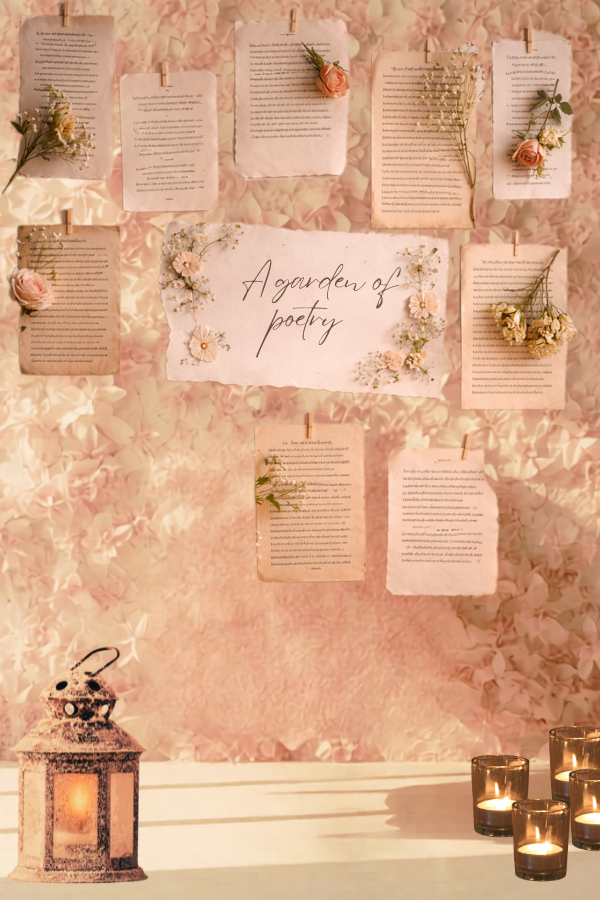 Poetry wall backdrop with hanging book pages, handwritten poems, dried flowers, candles, and vintage décor.