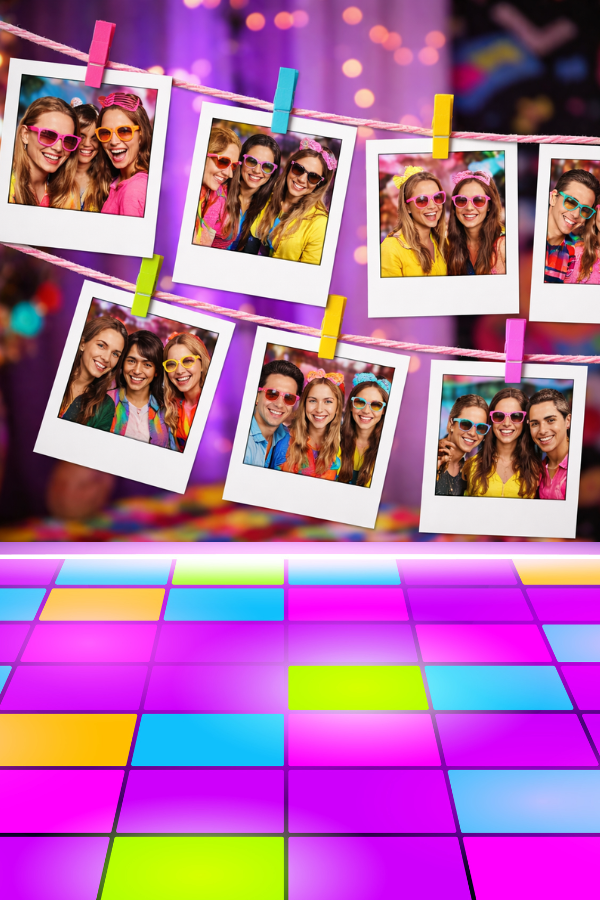 Polaroid-style party photos clipped to string with colorful pegs at a bright 80s themed party.