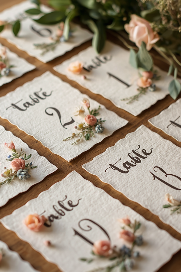 Handmade wedding table number cards with pressed flowers arranged on a wooden table.
