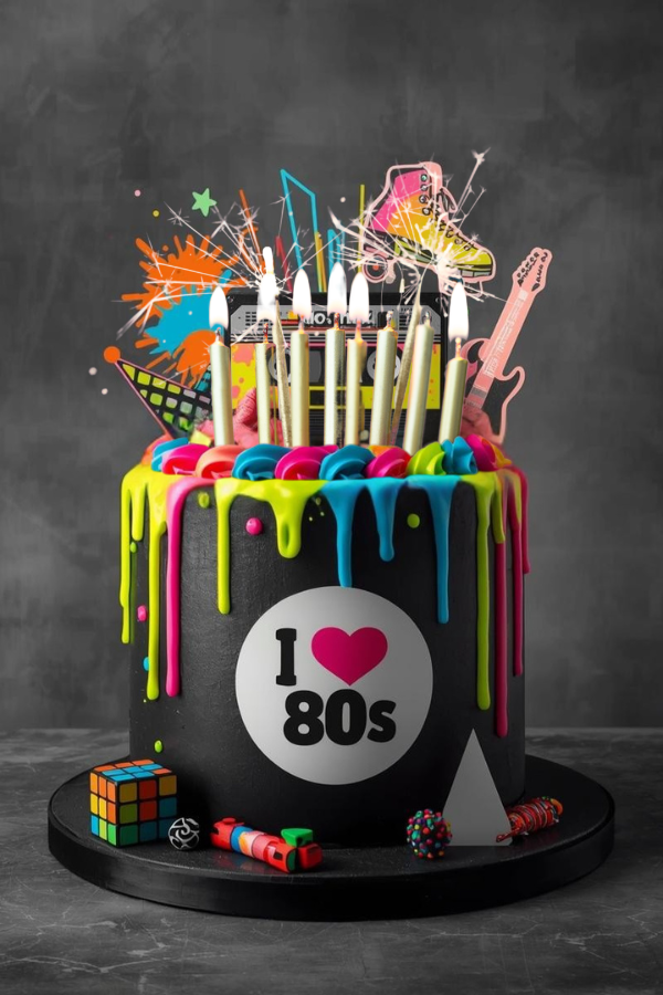 Black 80s-themed cake with neon splatter and retro cassette topper