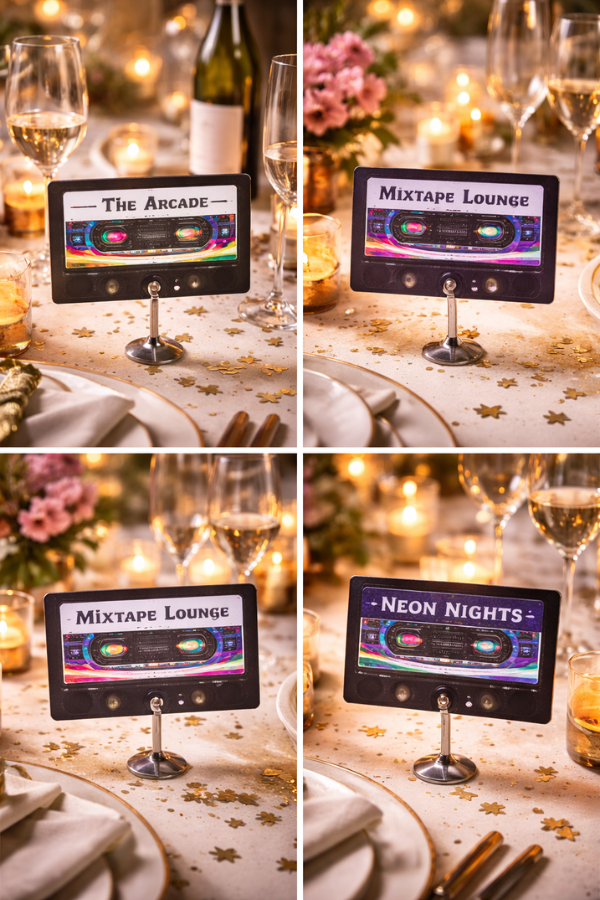 1980s cassette tape–style place cards on elegant table settings with candles, glassware, and gold confetti in a warm, nostalgic collage.