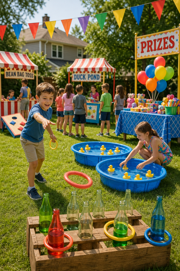 Kids playing carnival games in a sunny backyard with bunting, ring toss, duck pools, and prize booth.