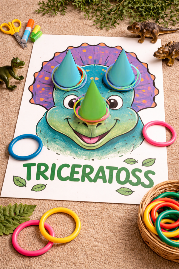DIY triceratops ring toss party game with colorful rings and cartoon dinosaur face on poster board.