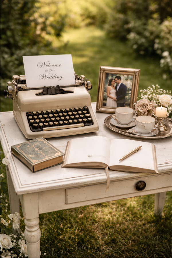 Rustic outdoor wedding welcome table with vintage typewriter, guest book, framed couple photo, teacups, and candles on a white desk in a garden setting.