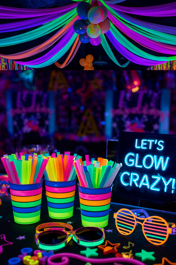 Colorful neon “glow party” setup with rainbow cups filled with glow sticks, bracelets, and bright sunglasses, plus a sign reading “Let’s Glow Crazy!”