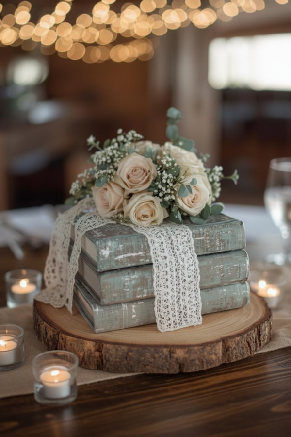 Rustic wedding centerpiece with vintage books, lace ribbon, blush and cream roses, greenery, and glowing candles on a wooden slice.
