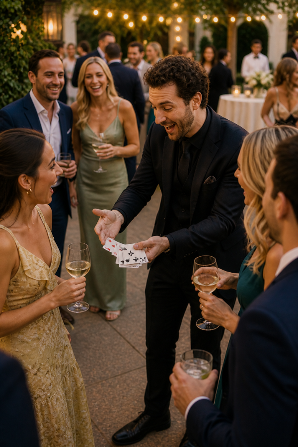 Wedding cocktail hour magician performing card tricks for guests, with people laughing and holding drinks under string lights.