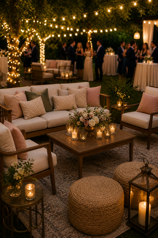 Cozy wedding cocktail hour lounge area with outdoor sofas, candles, and string lights as guests mingle in the background.
