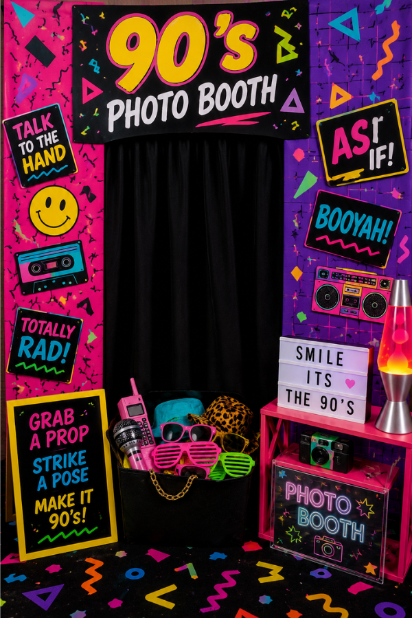 Colorful 90s themed photo booth with neon signs, retro props, geometric patterns, and fun accessories for party guests.