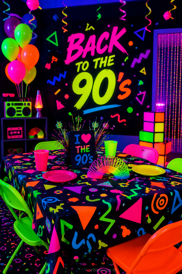 Neon 90s themed party setup with bright geometric decorations, colorful balloons, glow lighting, and retro table décor.