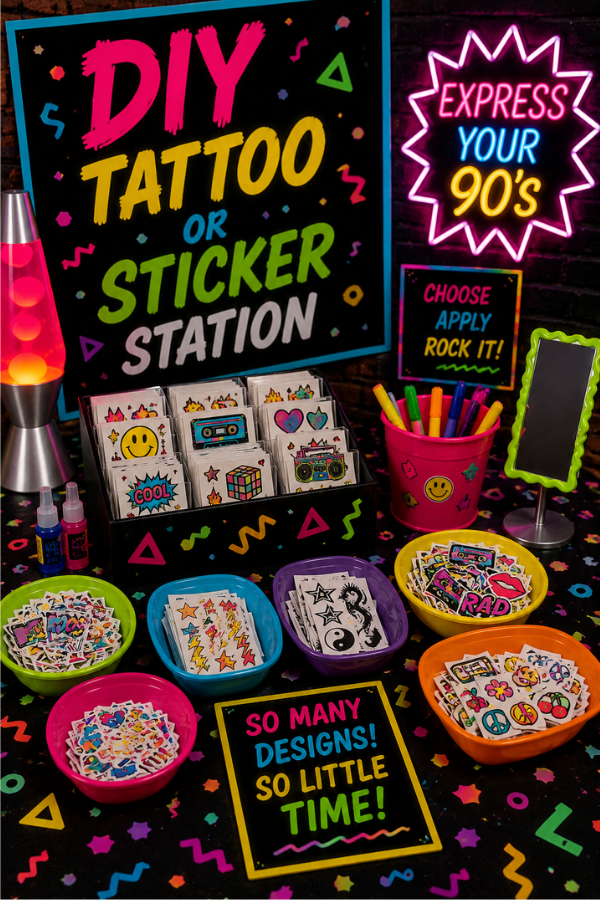 90s themed DIY tattoo and sticker station with colorful temporary tattoos, retro stickers, neon decorations, and fun party accessories.