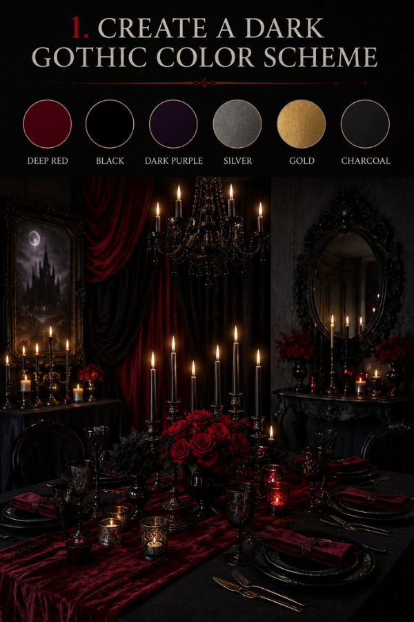 Dark gothic vampire party setup with black and red décor, candlelit tables, roses, and elegant gothic styling inspiration.