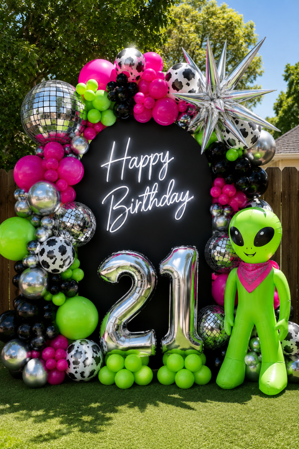 Alien-themed 21st birthday backdrop with neon balloons, silver “21” balloons, disco balls, and a green inflatable alien outdoors.