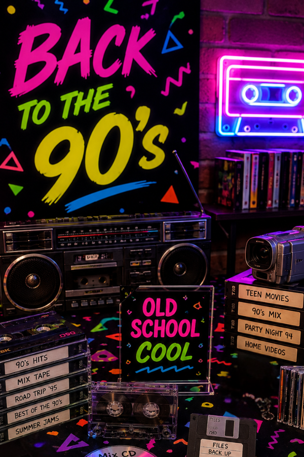 90s themed party table decorated with retro technology including cassette tapes, VHS tapes, floppy disks and neon signs.