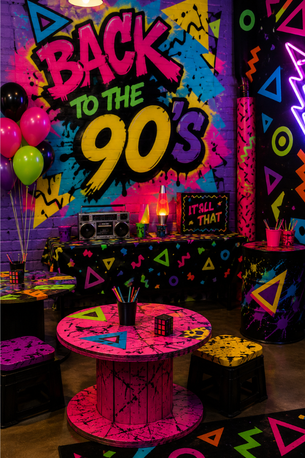 90s themed party decorations with neon graffiti wall art, colorful geometric patterns, retro tables, and bright neon lighting.