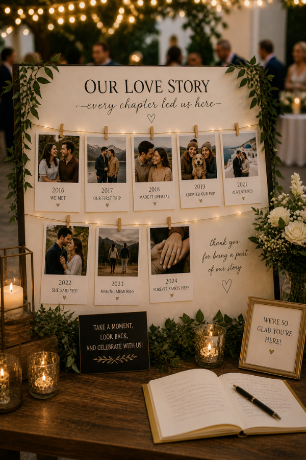 Wedding love story display board with timeline photos, candles, and guestbook table during cocktail hour.