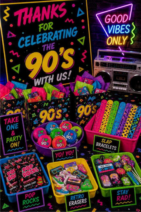 90s themed party favor table with colorful slap bracelets, yo-yos, retro candy, neon gift bags, and nostalgic party toys.