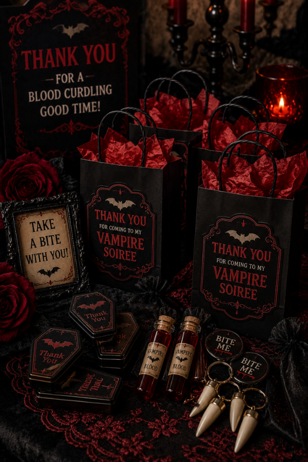 Vampire party favors display with gothic gift bags, coffin-shaped treat boxes, red potion bottles, candles, and elegant Halloween décor.