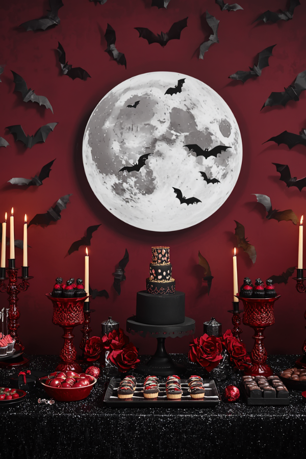 Gothic Halloween dessert table with a large full moon backdrop, swirling black bats, red candleholders with glowing candles, and elegant black, red, and white treats arranged in a luxurious vampire-inspired display.