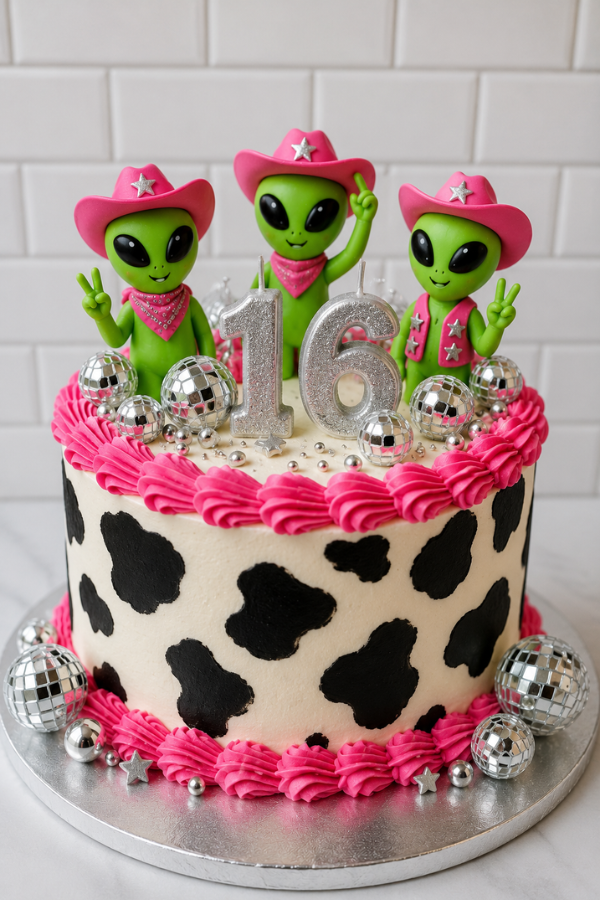 Brief alt text: Alien cowgirl birthday cake with pink frosting, cow-print design, green alien toppers, silver disco balls, and glitter “16” candles.