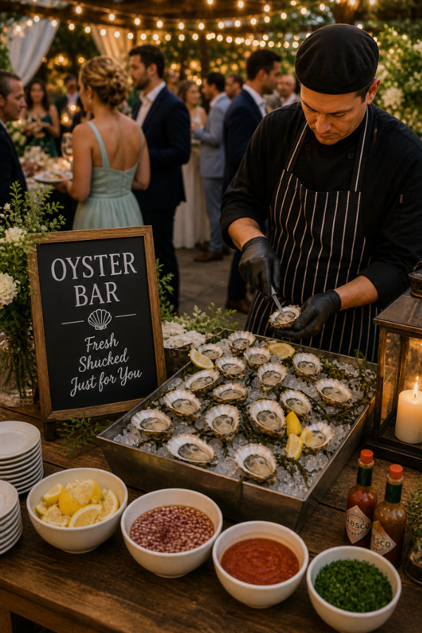 Wedding cocktail hour oyster bar with chef shucking fresh oysters at an interactive food station, guests mingling in the background.