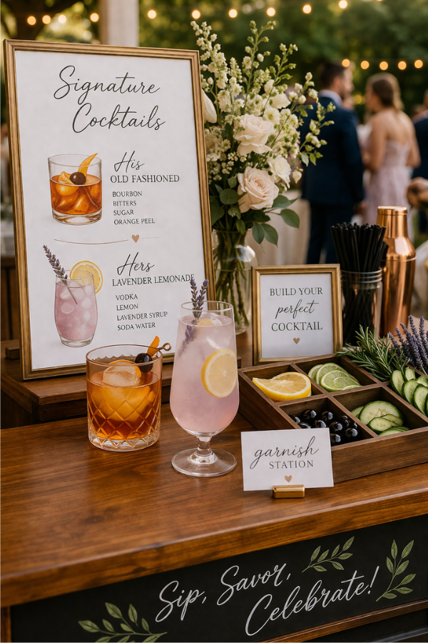 Wedding signature cocktail bar with custom drink menu, two cocktails, and a garnish station on a rustic table during cocktail hour.