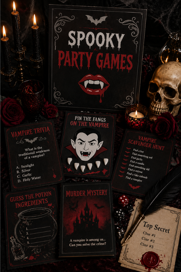 Vampire-themed party games table featuring trivia cards, scavenger hunt clues, candles, skulls, and spooky gothic decorations.