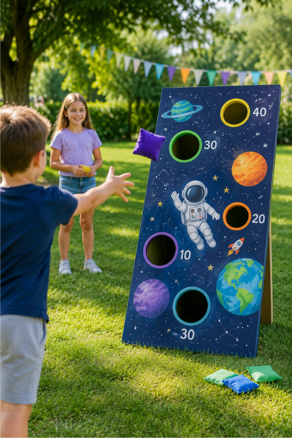 Kids playing a space-themed cornhole game outdoors with colorful bean bags and a painted galaxy board on a sunny lawn.