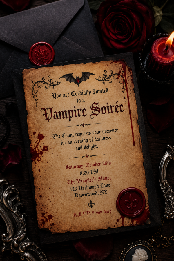Vintage vampire-themed invitation on aged parchment with wax seals, red roses, candlelight, and gothic Halloween party décor.