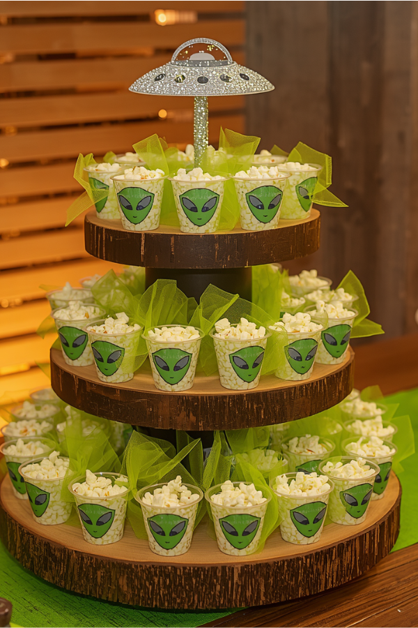 Three-tier alien-themed popcorn display with green alien cup decorations, neon green tulle accents, and a glittery silver UFO topper.