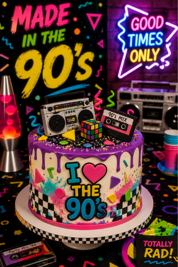 Colorful 90s inspired party cake decorated with neon icing, cassette tape toppers, geometric patterns, and retro themed desserts.