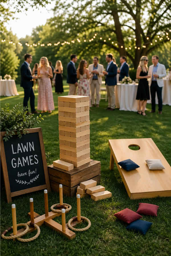 Wedding cocktail hour lawn games setup with giant Jenga, cornhole, and ring toss on a garden lawn with guests mingling in the background.