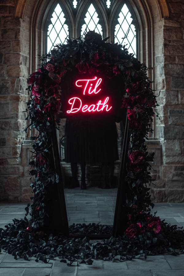 Coffin-shaped mirror wrapped in dark ivy beneath a pink neon “Til Death” sign, displayed in a rustic stone hall with tall windows, creating a gothic wedding or Halloween photo backdrop.