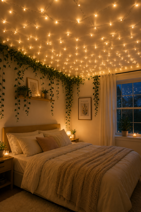 Fairy lights covering a bedroom ceiling like stars.