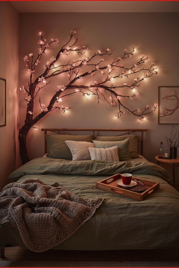 Bedroom featuring a cherry blossom fairy light tree wall above the bed.