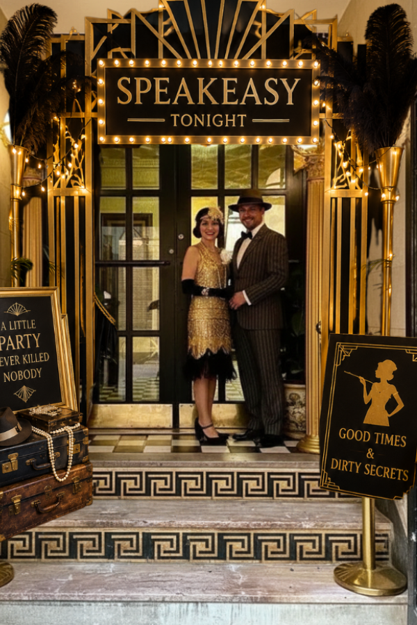 Art deco entrance for a 1920s mystery dinner party.