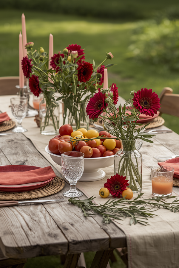 Tomato Girl Summer-inspired outdoor tablescape with heirloom tomatoes, red flowers, olive branches, and rustic Mediterranean decor.